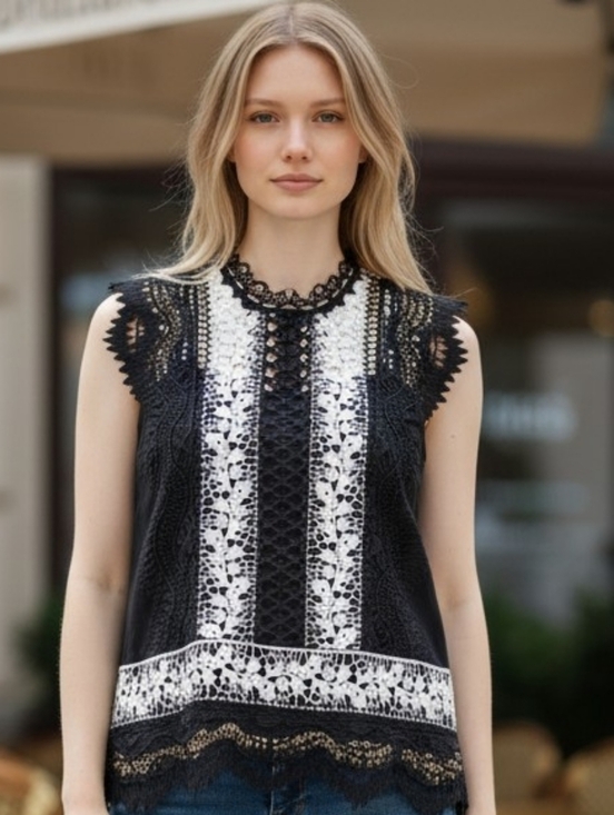 Aqua Tops - Aqua Black White Lace Blouse Medium #BL7